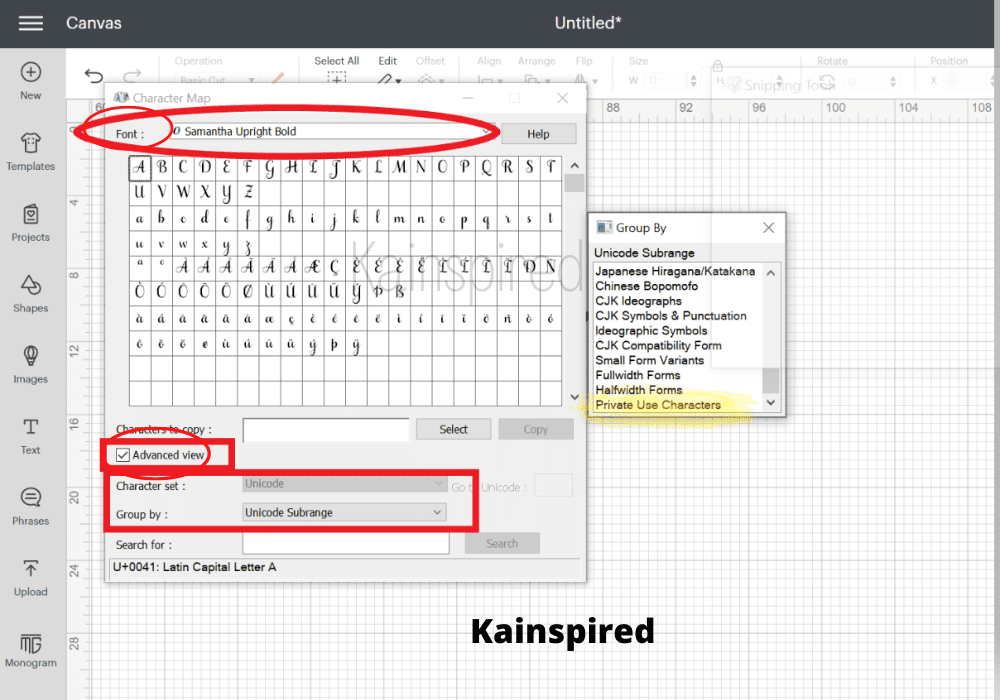 STEPS TO USE FONT GLYPHS WITH CRICUT DESIGN SPACE - Character map